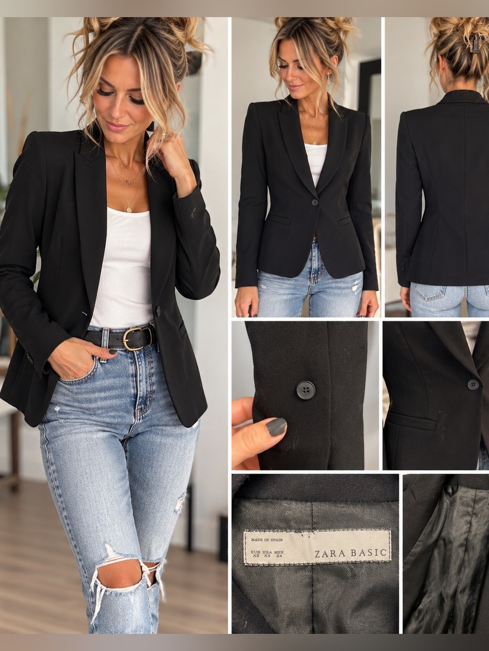 Zara Basic Black Fitted Blazer XS Tailored Single Button Jacket
